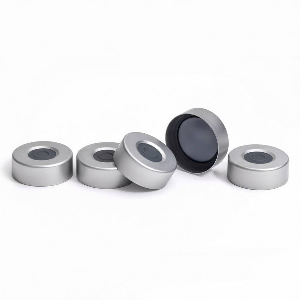 Caps crimp, headspace, with septa, 20 mm, silver aluminum cap, 1000/pk.